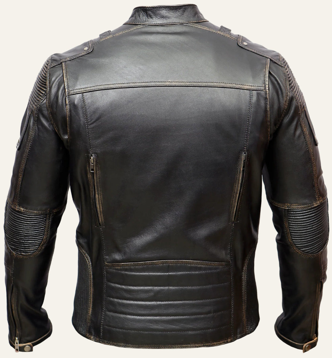Black leather jacket with armor plating on a white background
