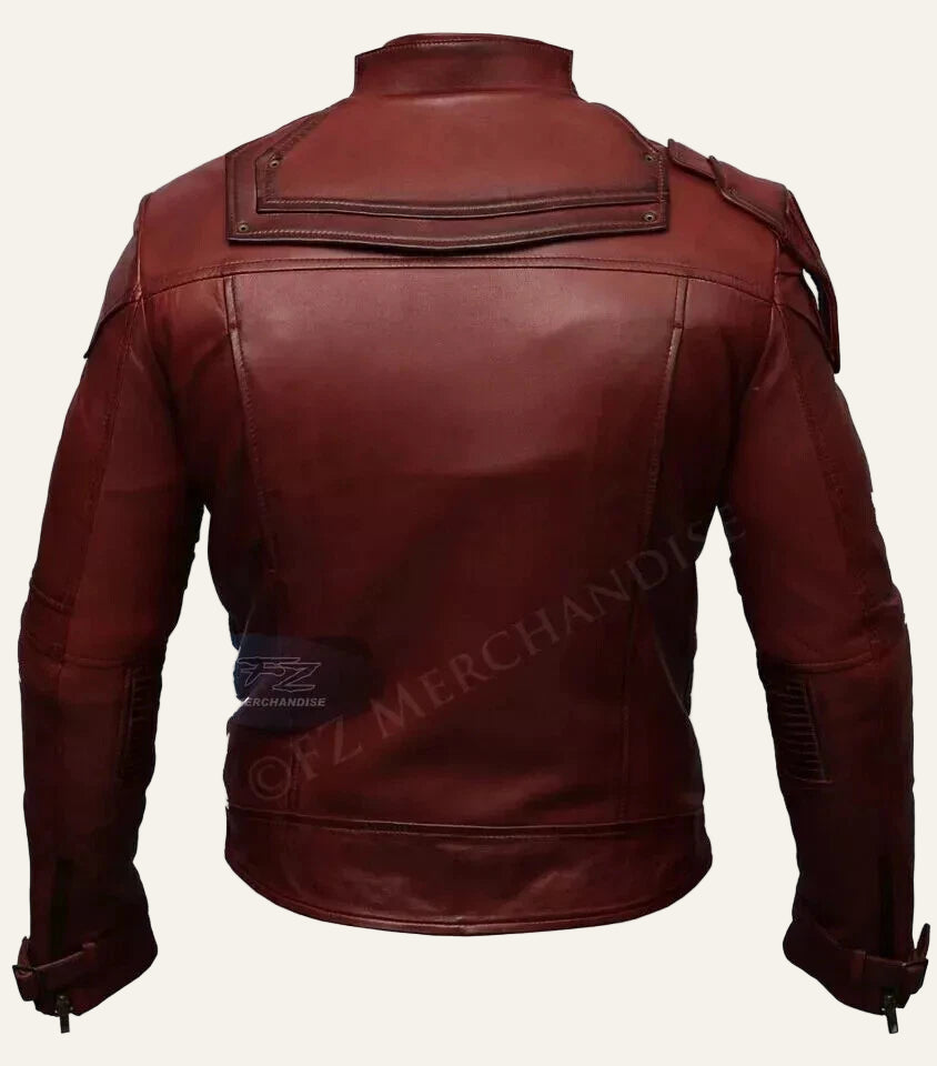 Brown leather jacket on a white background with 'QFZ Merchandise' branding.